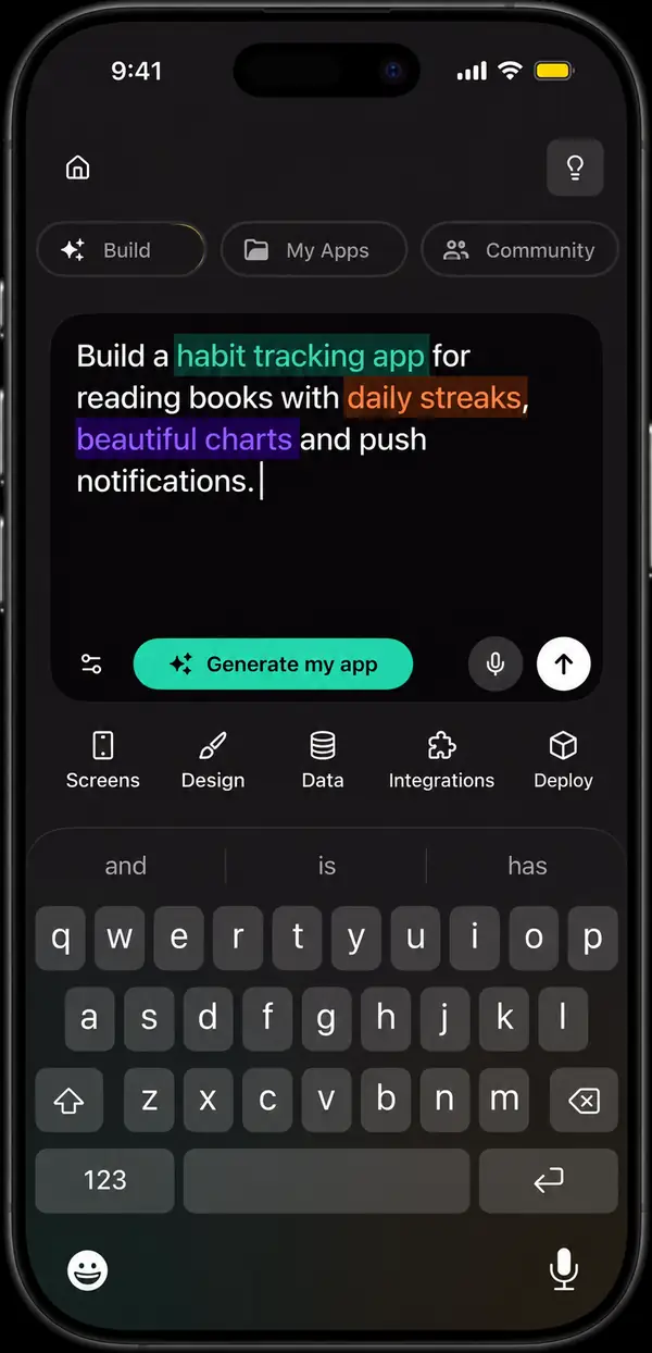 Dark mobile app interface showing an AI app-building prompt, creation tools, and an on-screen keyboard.